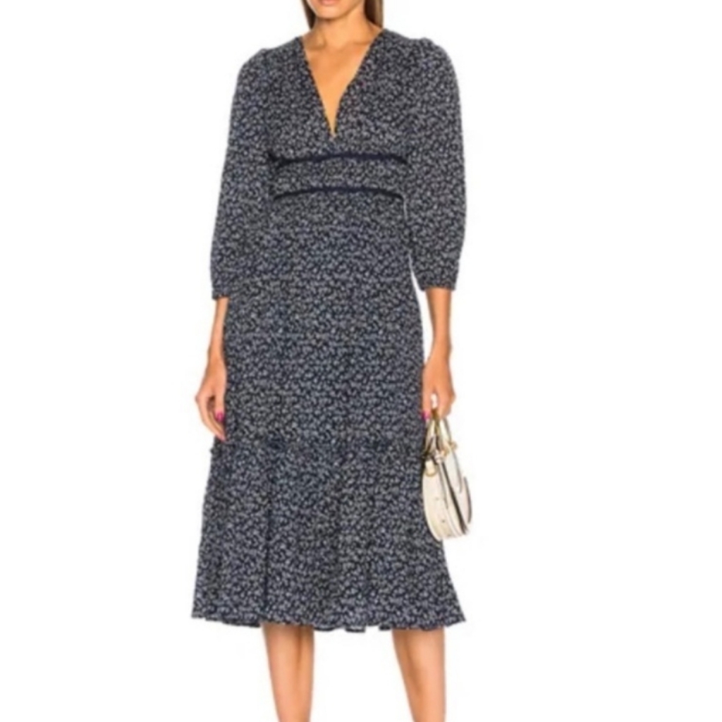 Ulla Johnson Malena. 100% Cotton Blue Floral Midi Dress
